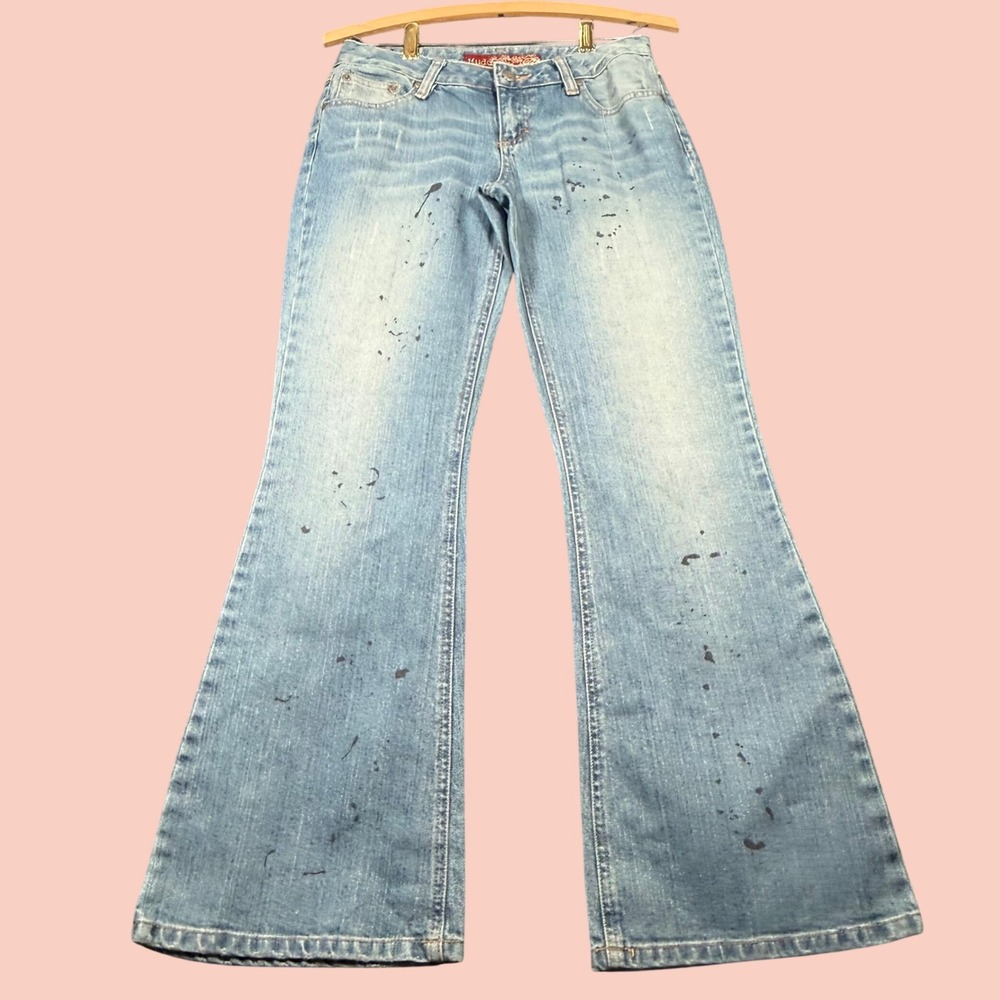 Y2K Mudd Jeans Womens Low Rise Flare Paint Splatter Rhinestone Grunge 28x30